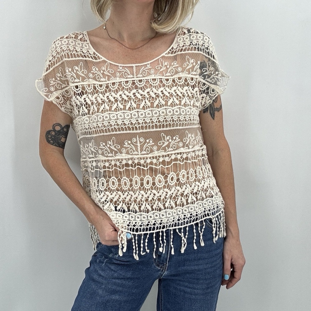 Vivid Collection Crochet Top Medium Cream Fringe Boho Hippie Open Knit Beach